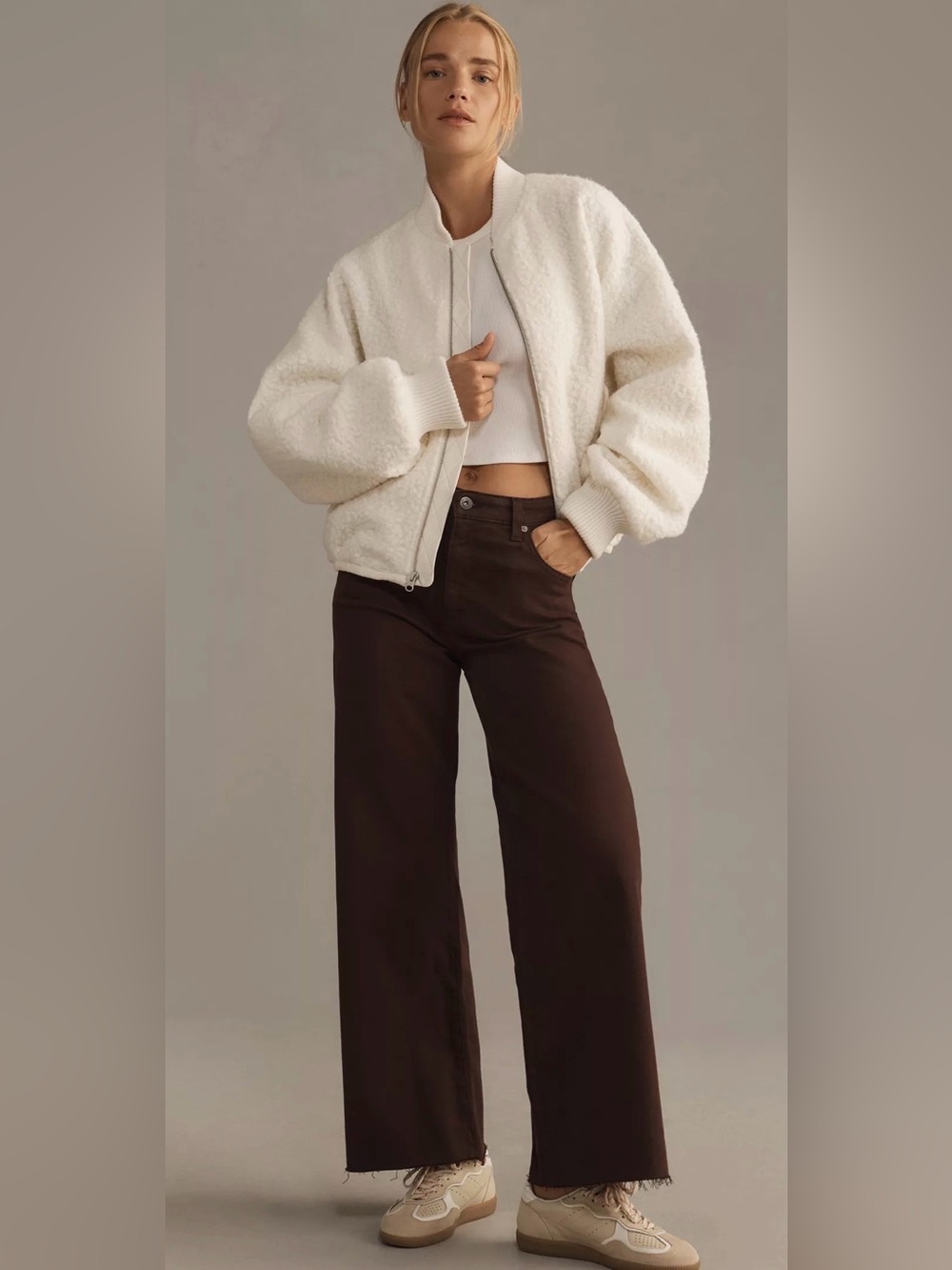 Anthropologie Sherpa Teddy Bomber Jacket Women’s Large Cream Cropped Zip